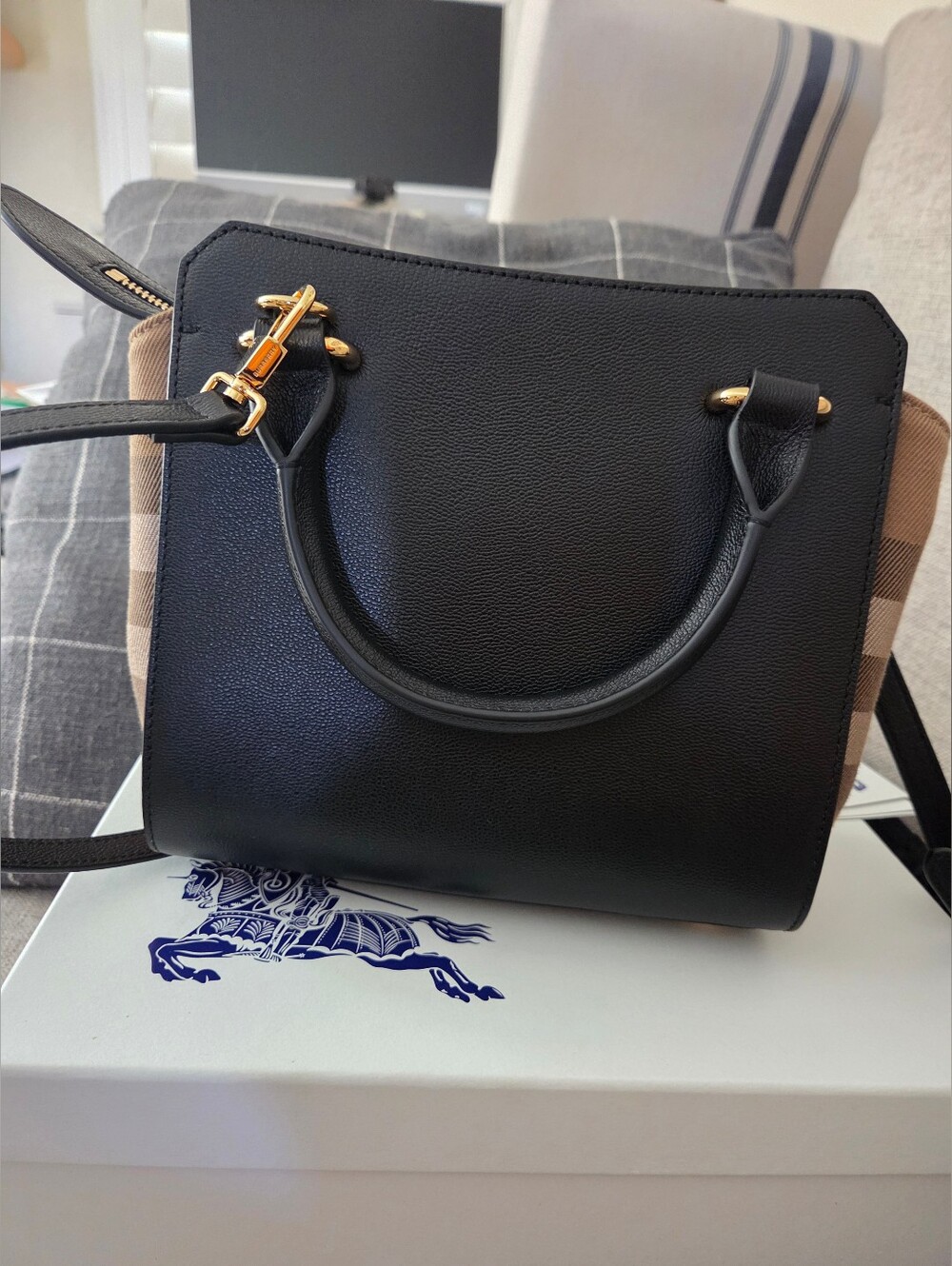 Burberry Navy Blue and Beige Top-Handle Satchel with Gold Hardware